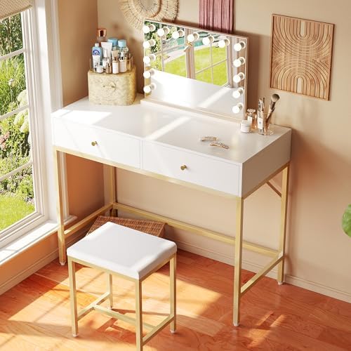 SUPERJARE 31.5" White and Gold Desk with 2 Drawers, Modern Makeup Vanity