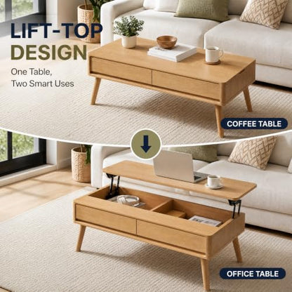 Solid Oak Lift Top Coffee Table with Drawers, Natural, 39,37"