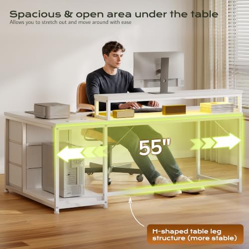 EnHomee 55" L Shaped Gaming Desk with Monitor Shelf & LED for Home Office