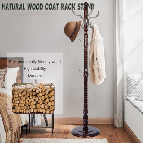 Wooden Coat Rack Freestanding, 14 Hooks, 73" Adjustable Height