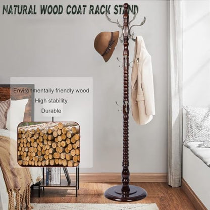 Wooden Coat Rack Freestanding, 14 Hooks, 73" Adjustable Height