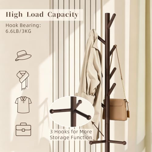 Nianerfaya Solid Wood Coat Rack, Free Standing Hall Coat Tree, Brown