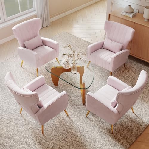 Nebuaegis Pink Velvet Accent Chair Set of 4, Wingback Chair for Living Room, High Back Arm Chair with Golden Legs Lumbar Pillow, Upholstered Single Sofa Bedroom