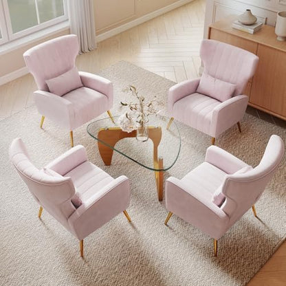 Nebuaegis Pink Velvet Accent Chair Set of 4, Wingback Chair for Living Room, High Back Arm Chair with Golden Legs Lumbar Pillow, Upholstered Single Sofa Bedroom