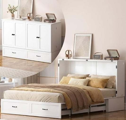 PUREMIND Queen Murphy Bed Cabinet, Multi-Functional Hideaway Cabinet Bed with Storage Drawer, USB Charging Ports and Folding Bedside Panel, Space Saving Chest Beds Wallbed for Guest Room, No Mattress
