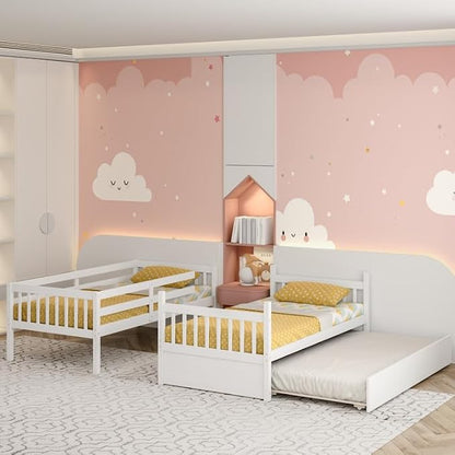 NAFORT Twin Over Full Bunk Bed with Trundle, Solid Wood Bunk Bed Frame, Ladder & Guardrails, Converts to 2 Platform Beds for Kids/Teens/Guests (White, Twin Over Twin with Trundle)