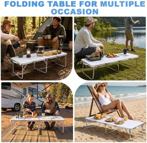 Moosinily Small Camping Table 4FT Folding Picnic Table Foldable Low Camp Table Portable Short Aluminum Outdoor Short Floor Beach BBQ Travel White 47.2×15.7 inch