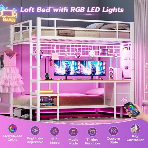 Bunk Bed Full Over Twin with Desk, Led Lights and Charging Station,White