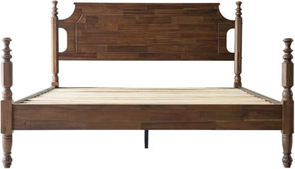 Solid Wood King SizePlatform Bed Frame with Headboard & Footboard, Center Metal Legs, 12 Sturdy Slats Base, Easy Assembly, No Box Spring Needed, Anti-Noise & Slip-Free, Walnut Finish, ROK-37