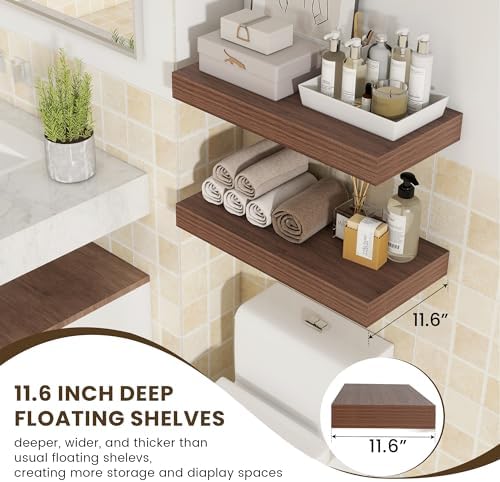FLYJOE Deep Floating Shelves, 24'' x 12'' Walnut Shelves for Wall Set of 2