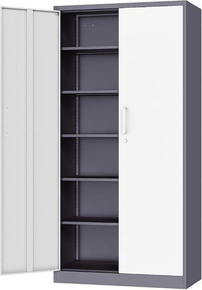 Fesbos Metal Cabinet Steel Storage Cabinet - 71” Tall Steel File Cabinets with Lockable Doors and 5 Adjustable Shelves Gray&White Storage Cabinets for Home, School, Office, Garage