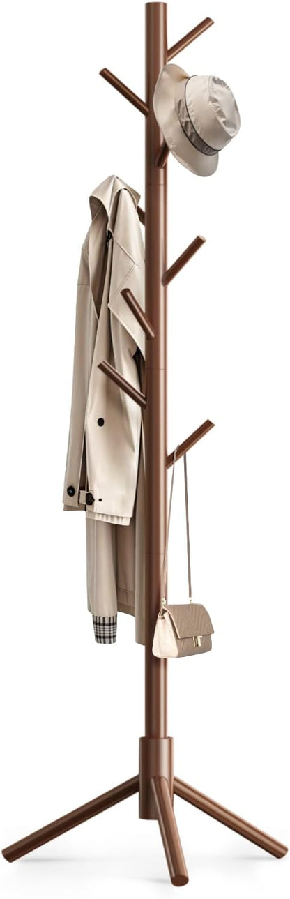 Wooden Coat Rack Freestanding with 8 Hooks,Easy Assembly New Zealand Pine Tree Coat Racks, 3 Adjustable Sizes for Clothes, Hats, Bags, for Entryway, Hallway, Bedroom, Office (Brown, 1 PC)