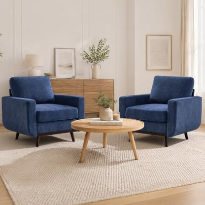 Accent Chair for Bedroom,Reading Chair with Deep Seat,Chenille Armchair with Wood Legs, Comfy Living Room Chairs Single Sofa for Bedroom,Living Room and Apartment(Set of 2,Blue)