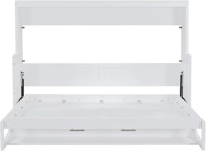 Virubi Full Horizontal Murphy Bed with Desk,Solid Wood Folding Hideaway Murphy Wall Bed for Adult,Guest Room (White,Full)