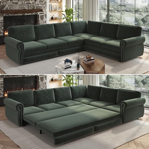 118" Chenille L-Shaped Pull-Out Couch Chesterfield Sleeper Sofa Bed, Green