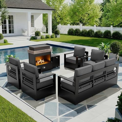 Outdoor Patio Furniture Set, 6-Piece Aluminum Patio Conversation Set All-Weather Metal Outdoor Sectional with 6 Inch Thick Cushions, Deep Setting and Fireplace for Garden, Outside and Porch, Grey