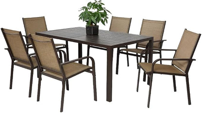 7-Piece Patio Dining Set with Rectangle Table and 6 Stackable Textilene Chairs, Outdoor Furniture for Garden Backyard Deck in Brown