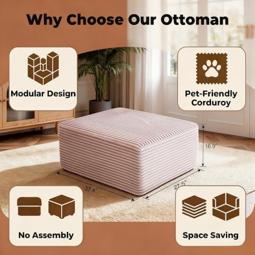 37.4" Rectangle Ottoman Foot Rest for Couch - Corduroy Upholstered Compressed Memory Foam, Cloud Ottoman for Modular Sectional, No Assembly Required, DIY Combination, Pink
