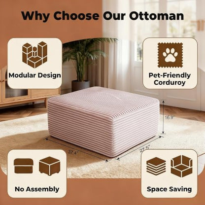 37.4" Rectangle Ottoman Foot Rest for Couch - Corduroy Upholstered Compressed Memory Foam, Cloud Ottoman for Modular Sectional, No Assembly Required, DIY Combination, Pink