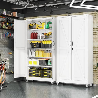 74" Metal Garage Storage Cabinet with Wheels, Locking Doors, 5 Shelves