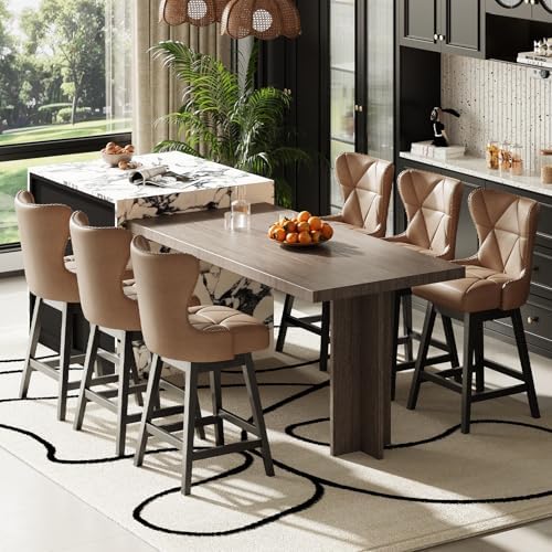 MALOL Swivel Counter Height Bar Stools Set of 6, Tall Faux Leather Barstools, Modern Bar Chairs with Solid Back and Wood Legs for Kitchen Island，Brown