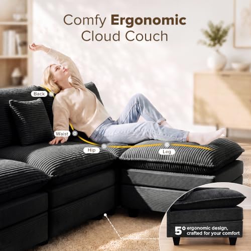 74 Inch Cloud Couch Sectional, Modular Sectional Sofa with 2 Ottoman, Black