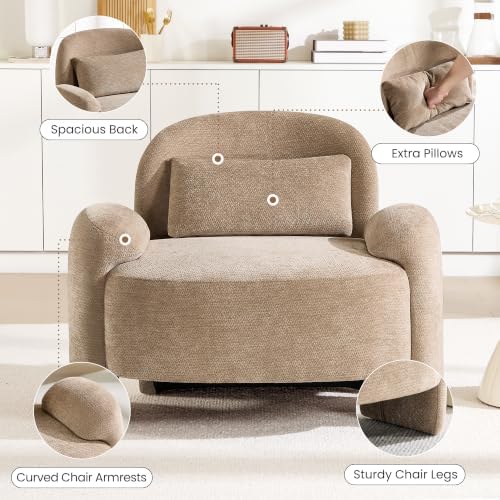 Accent Chair for Living Room, Modern Chenille Fabric Lounge Reading Sofa Chair with Lumbar Pillow, Upholstered Arm Chairs for Bedroom, Office, Brown
