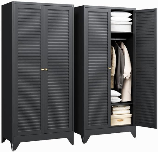 Letaya Armoire Wardrobe Closet,20" Deep Metal Wardrobe Cabinet with Doors and Shelves,Hanging Rod Clothing Storage Cabinets for Home RoomBlack