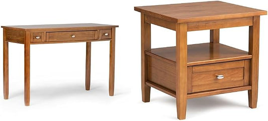 SIMPLIHOME Warm Shaker Solid Wood 48 inch Home Office Desk and 20 inch Rectangle End Side Table in Light Golden Brown