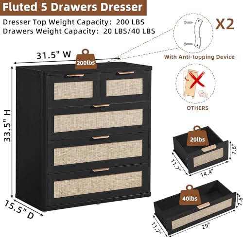 LEYAOYAO Rattan Dresser for Bedroom Set of 2, 33.5" Tall Chest of Drawers, Modern 5 Drawers Boho Dressers with Storage, Light Oak Dresser Wooden Closet Organizer for Living Room, Hallway, Black