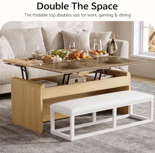 Dual Lift Top Coffee Table with Bench and Round Edge, 40'' Natural
