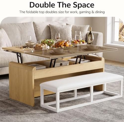 Dual Lift Top Coffee Table with Bench and Round Edge, 40'' Natural