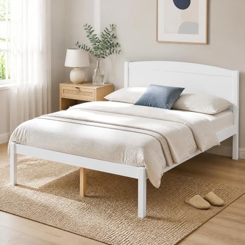 KOMFOTT Full Size Bed Frame, Wooden Platform Bed with Curved Headboard