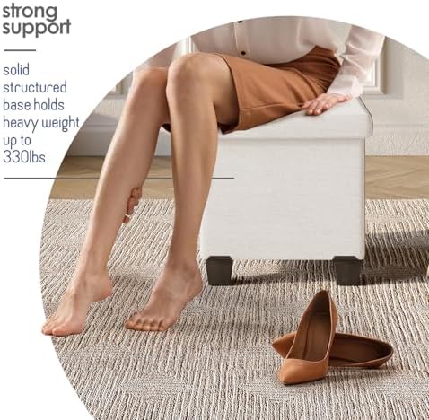 Storage Ottoman Cube with Small Bin, 15-in Square Ottoman with Storage for Living Room and Bedroom, Small Ottomans Foot Rest, Fabric Foot Stools Ottomans Max 330lbs, Cream