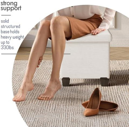 Storage Ottoman Cube with Small Bin, 15-in Square Ottoman with Storage for Living Room and Bedroom, Small Ottomans Foot Rest, Fabric Foot Stools Ottomans Max 330lbs, Cream