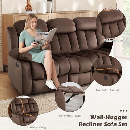 INZOY Manual Reclining Sofa Set, Modern 3 Reclining Sofa Couch for Living Room Furniture, Included Manual Single Recliner Chair and Wall-Hugger 3 Seat Recliner Sofa Coach, Brown, 1+3