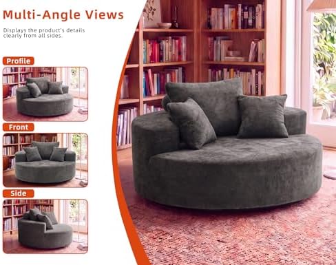 55" Oversized Round Swivel Chair, 360° Rotating Chenille Cotton Blend Chair, High-Density Foam Cushion, Comfy Modern Accent Chair for Living Room, Bedroom, Reading Nook, Apartment & Office