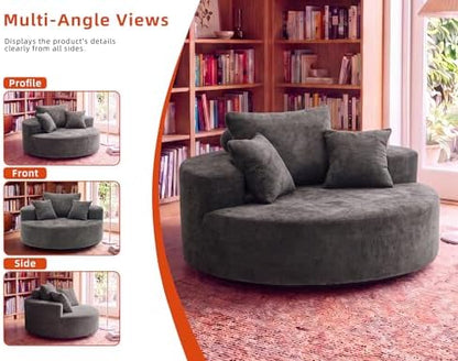 55" Oversized Round Swivel Chair, 360° Rotating Chenille Cotton Blend Chair, High-Density Foam Cushion, Comfy Modern Accent Chair for Living Room, Bedroom, Reading Nook, Apartment & Office