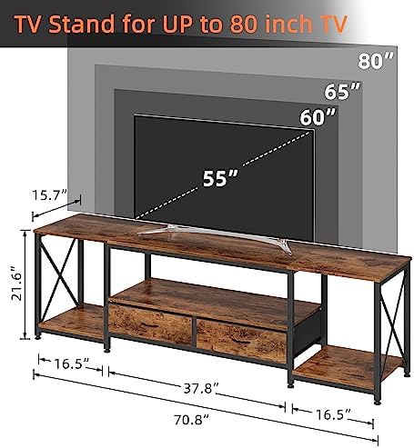 GYIIYUO TV Stand with Fabric Drawers - Entertainment Center and Industrial Console Table with Open Storage Shelves for Living Room, Bedroom - 71.5" Rustic Brown