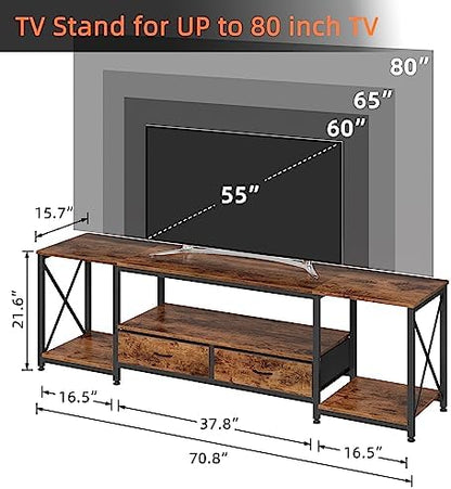 GYIIYUO TV Stand with Fabric Drawers - Entertainment Center and Industrial Console Table with Open Storage Shelves for Living Room, Bedroom - 71.5" Rustic Brown