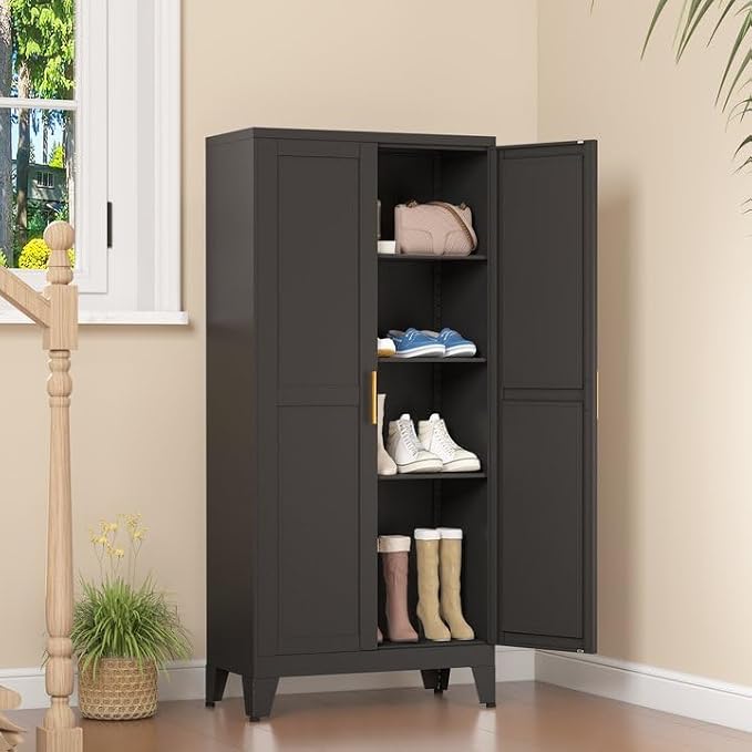Black Metal Storage Cabinet, 48" Steel Cabinets for Home Office | Kitchen Pantry Storage Cabinet with Doors and 3 Adjustable Shelves, for Office, Home, Garage, School