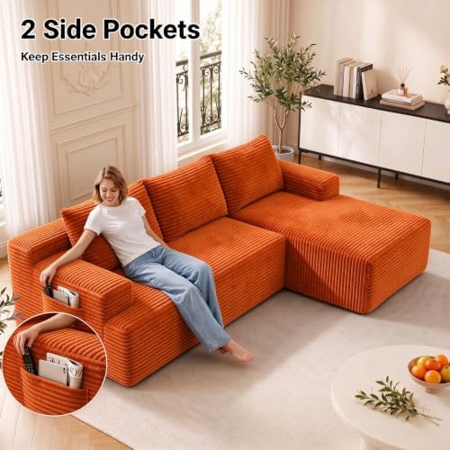 97" Cloud Boneless Couch, L-Shaped Sectional Sofa for Living Room, Orange