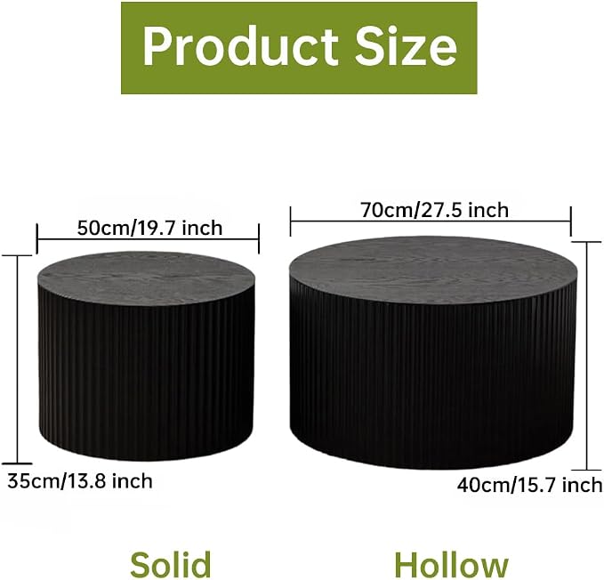 Round Nesting Coffee Table Modern Black Fluted Coffee Table Set of 2 Stripe Round Coffee Tables Circle Drum Coffee Tables Side Table Accent End Table for Living Room (Black Large)