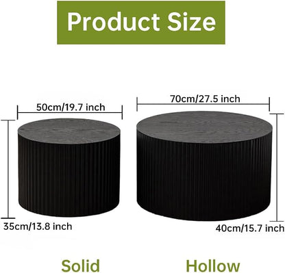 Round Nesting Coffee Table Modern Black Fluted Coffee Table Set of 2 Stripe Round Coffee Tables Circle Drum Coffee Tables Side Table Accent End Table for Living Room (Black Large)