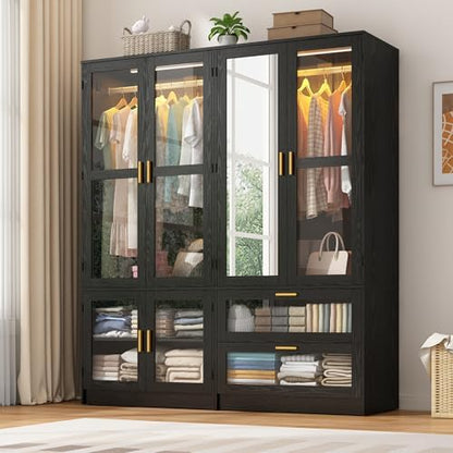 4 Doors Armoire Wardrobe Closet with LED and Mirror,71" H Freestanding Wooden Wardrobe Closet Cabinet for Bedroom w 2 Drawers,Wooden Clothing Storage Cabinet w Hanging Rod,Closets for Bedroom(Black)