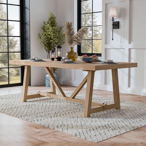 Furniture of America Wellen Farmhouse 84-Inch Rectangle Solid Wood Dining Table with Plank and Beam Base, Trestle Design, Seats Up to 8, for Kitchen, Home Office, Natural Oak
