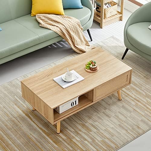 Rattan Coffee Table, Sliding Door for Storage, Solid Wood Legs, Modern Table for Living Room