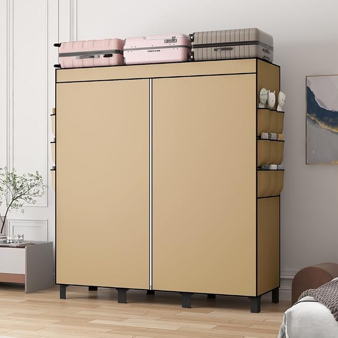 Portable Closet, 51.18" Large Capacity Wardrobe with 3 Hanging Rods, 6 Shelves & 18 Side Pockets, Dustproof Organizer for Bedroom, Dorm & Apartment (Cream Colour, Large)