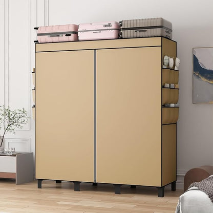 Portable Closet, 51.18" Large Capacity Wardrobe with 3 Hanging Rods, 6 Shelves & 18 Side Pockets, Dustproof Organizer for Bedroom, Dorm & Apartment (Cream Colour, Large)