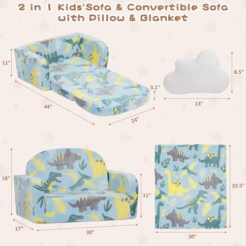 Extra Wide Kids Couch, 2-in-1 Soft Toddler Couch with Blanket, Glow in The Dark, Comfy Toddler Chair with Cloud Pillow, Convertible Sofa, Dinosaur